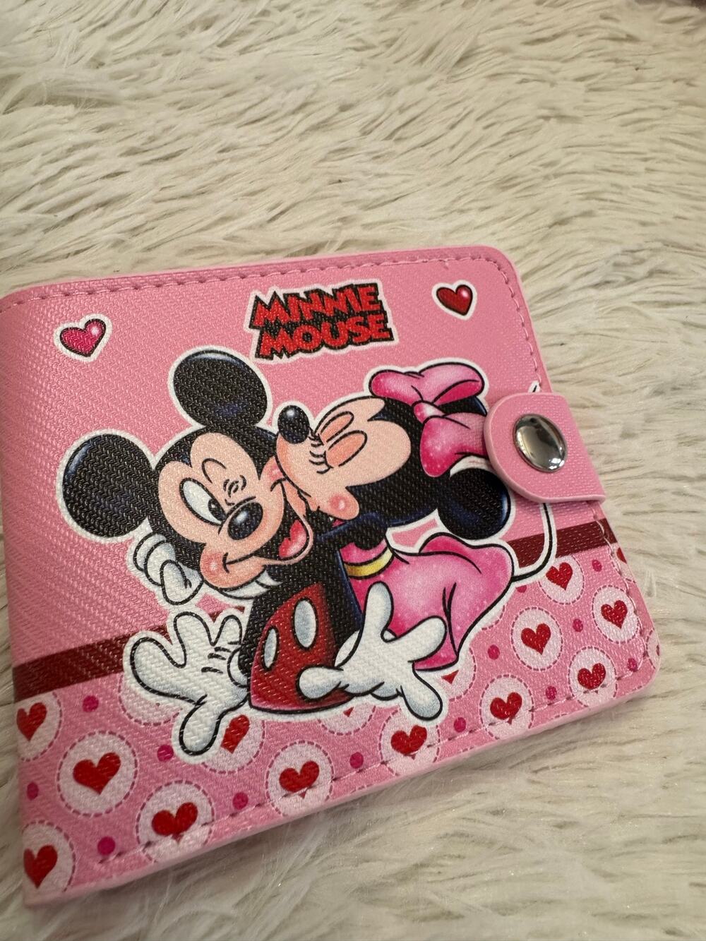 Pink Disney Mickey and Minnie Mouse wallet with hearts ID window